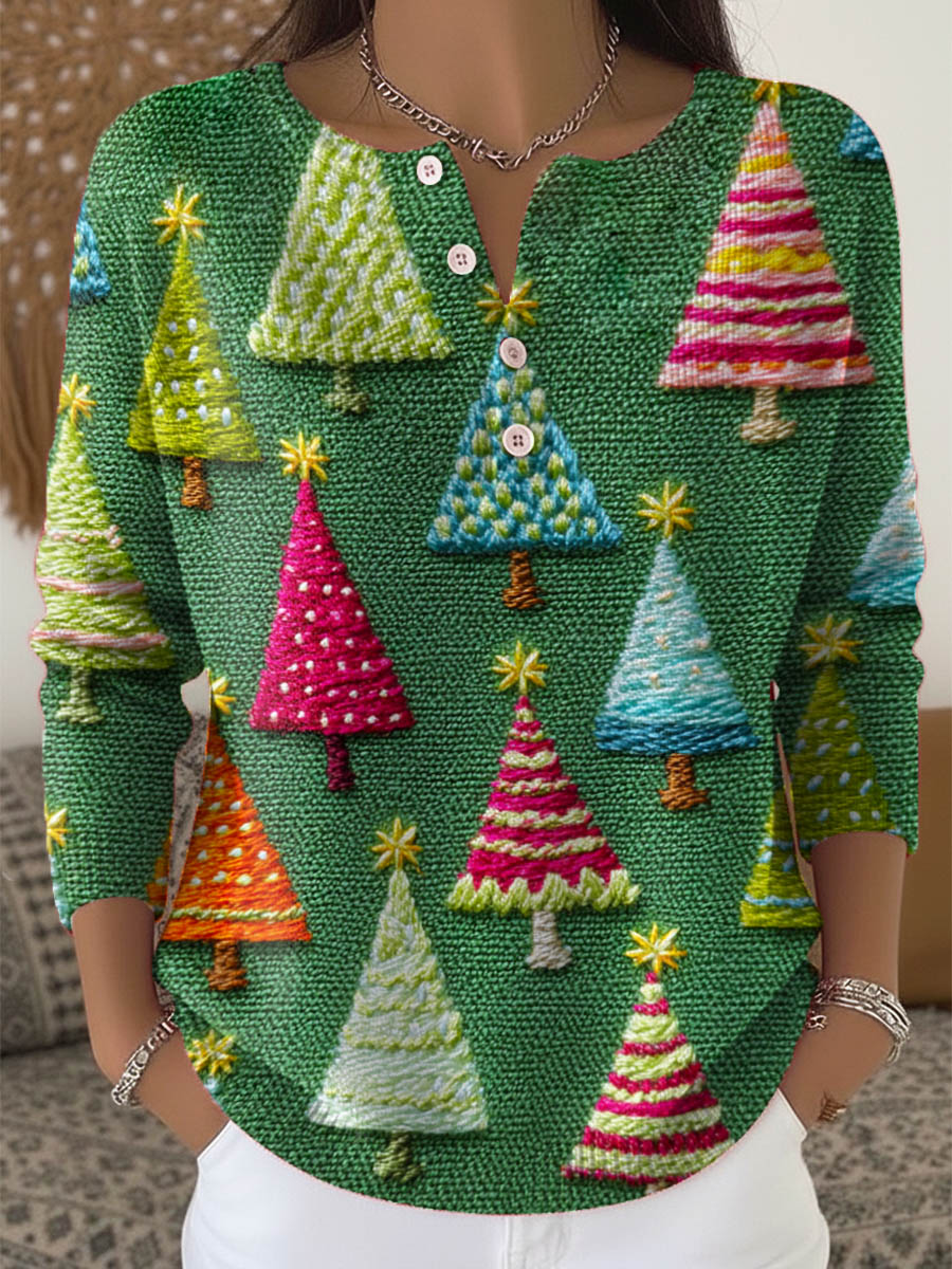 Women's Christmas Tree Art Print Buttoned Cardigan Sweater