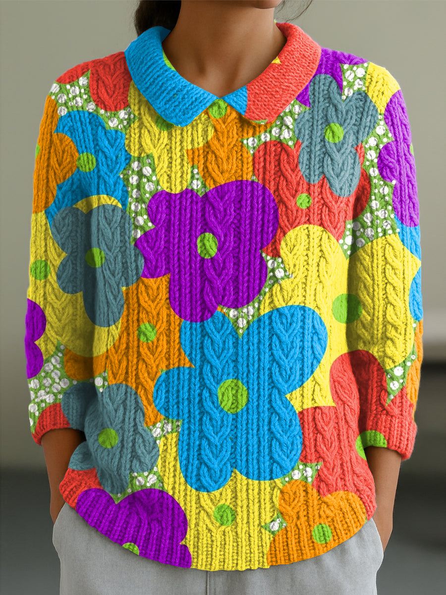 womens-cute-colorful-large-flower-painting-art-print-casual-peter-pan-collar-3-4-sleeve-sweater