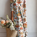 Robe décontractée en coton et lin à imprimé floral vintage pour femme, avec poches. 