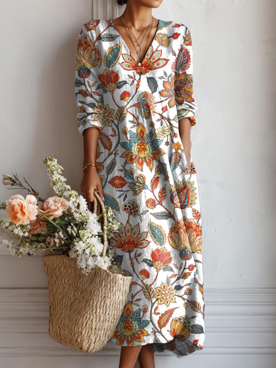 Women's Vintage Floral Art Print Casual Cotton Linen Pocket Dress