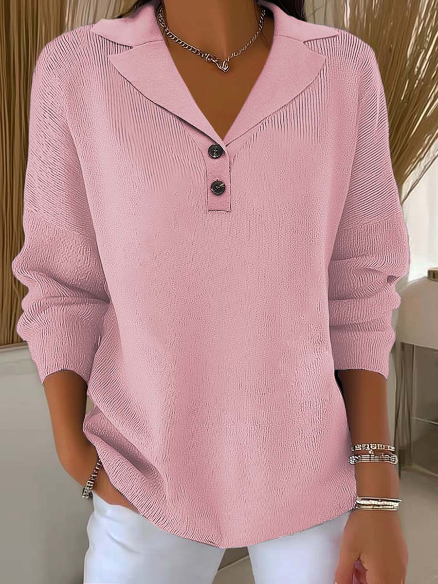 Women's Solid Color Lapel Long Sleeve Casual Pullover Sweater