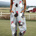 Women's Vintage Abstract Chicken Art Print Casual Cotton Pocket Jumpsuit