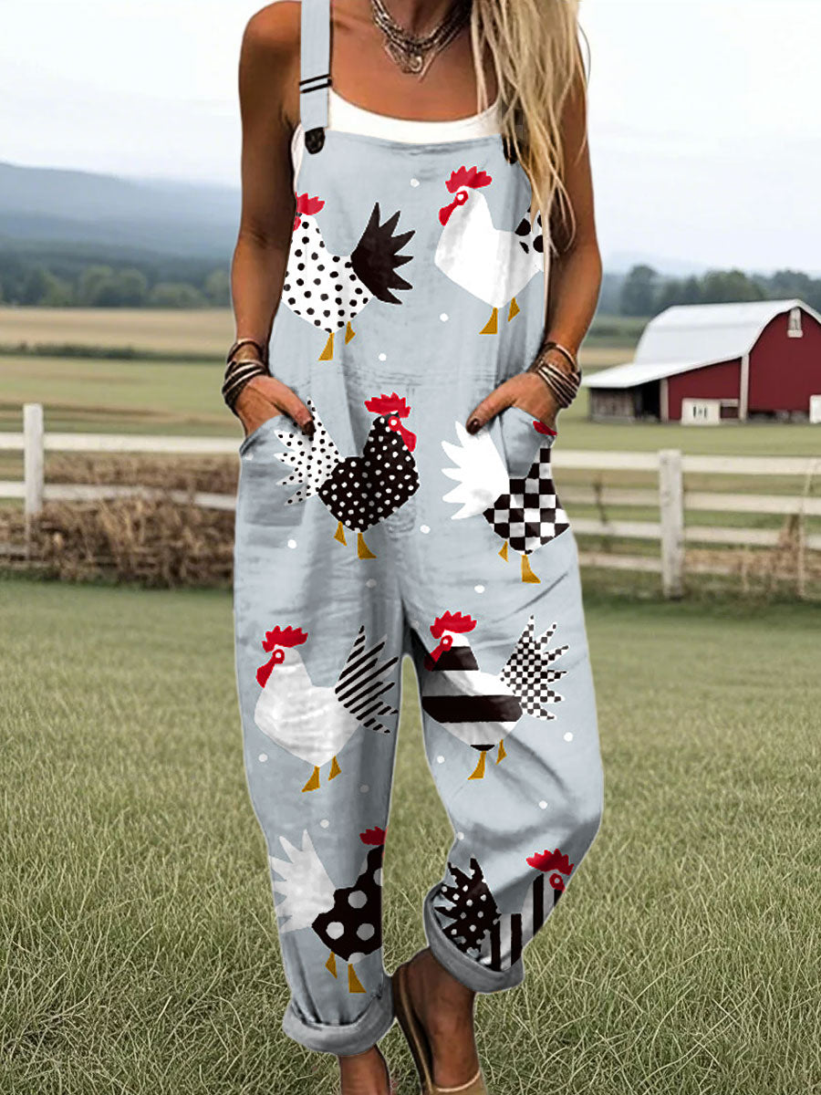 Women's Vintage Abstract Chicken Art Print Casual Cotton Pocket Jumpsuit