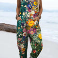 Women's Vintage Floral Art Print Casual 100% Cotton Wide Leg Jumpsuit