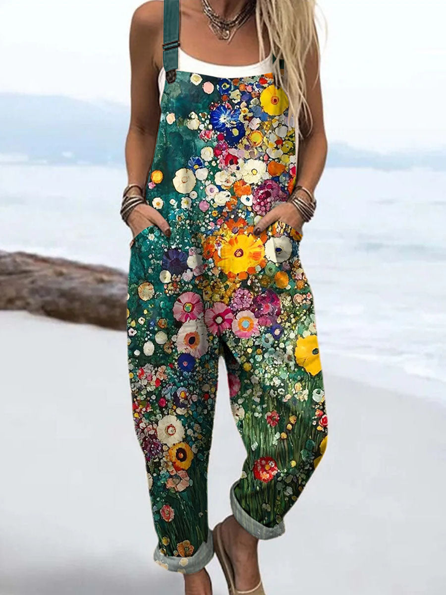 Women's Vintage Floral Art Print Casual 100% Cotton Wide Leg Jumpsuit