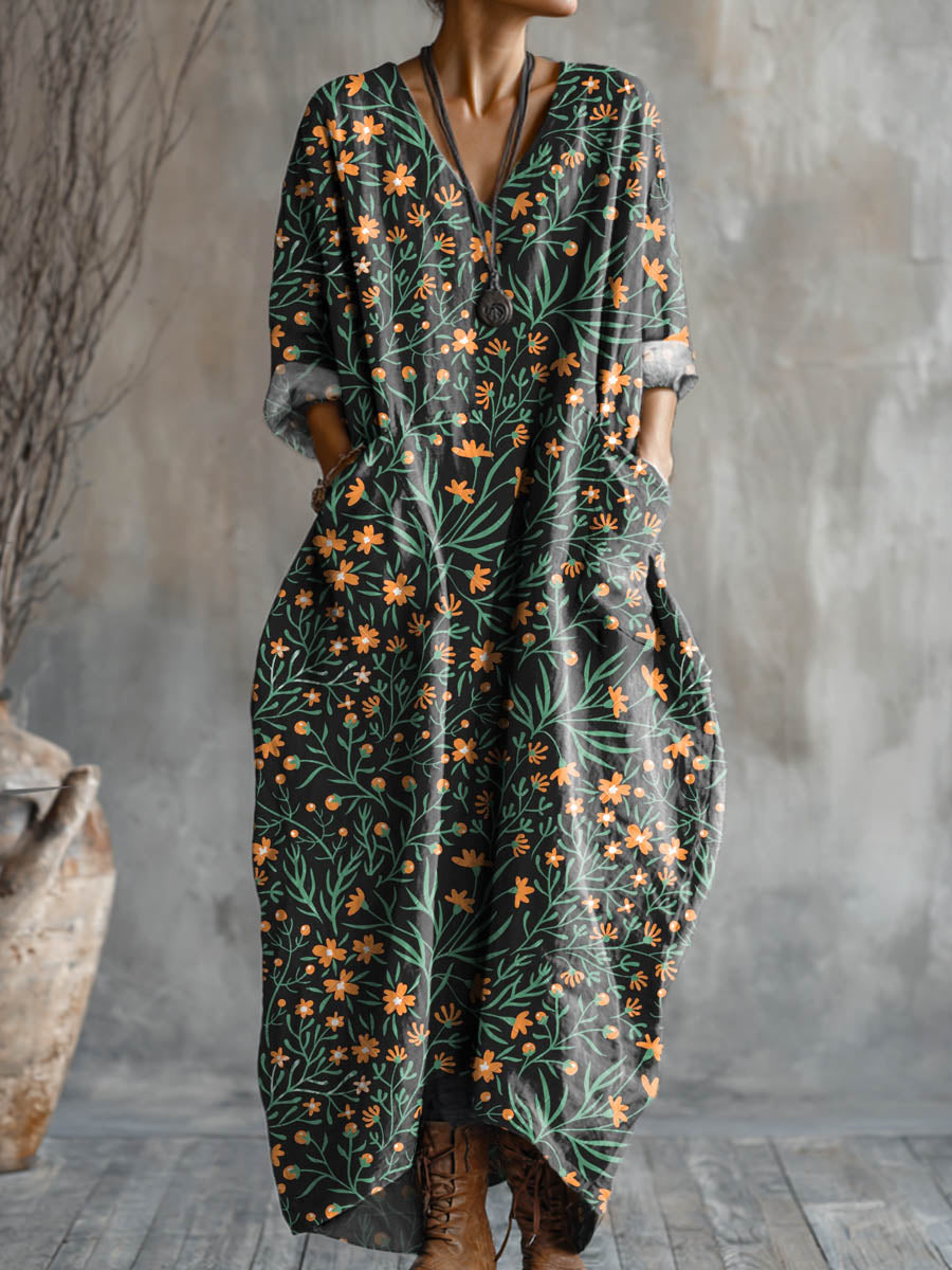 Women's Vintage Floral Pattern Art Print Pocket V-neck Cotton Dress
