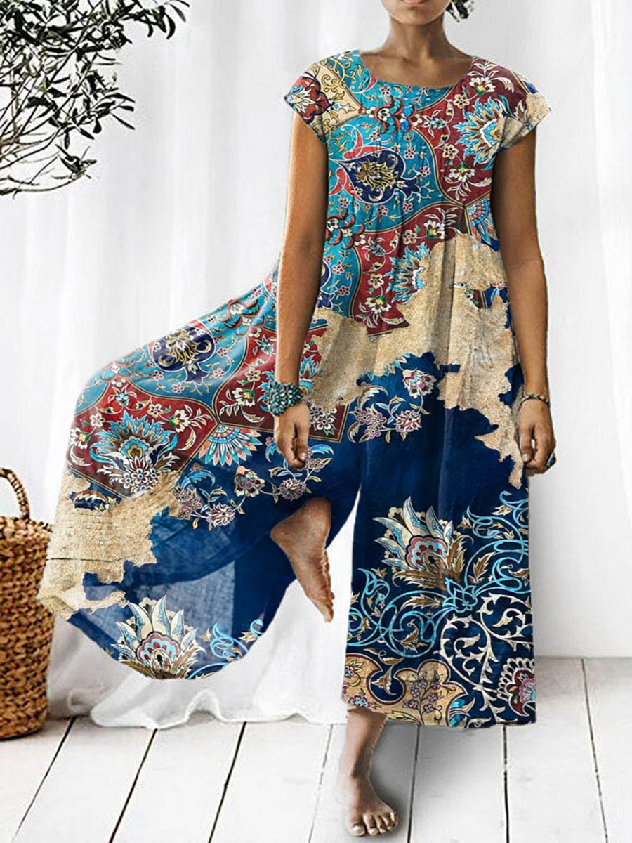 Women's Vintage Lovely Floral Pattern Art Print Casual Denim Jumpsuit