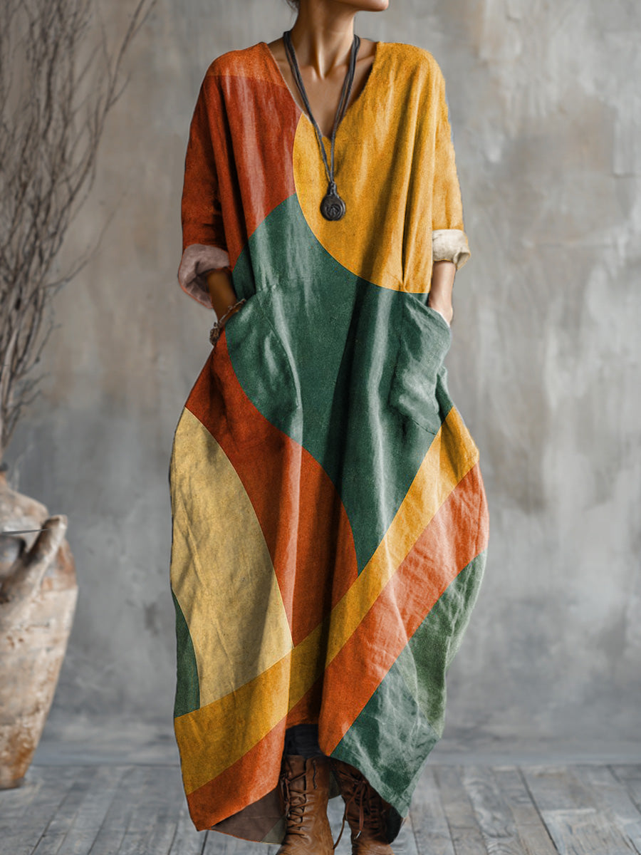 Women's Vintage Abstract Multicolor Geometric Color Block Art Print Pocket V-neck Cotton Dress