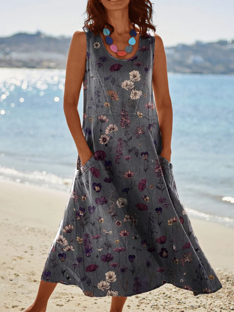 Women's  Floral Art Print Pocket Pinafore Linen Dress