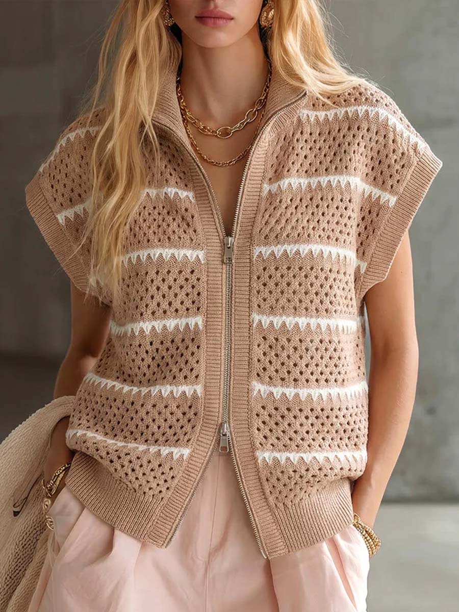 Women's Short-sleeve Casual Loose-fit Knit Top With Cardigan Collar