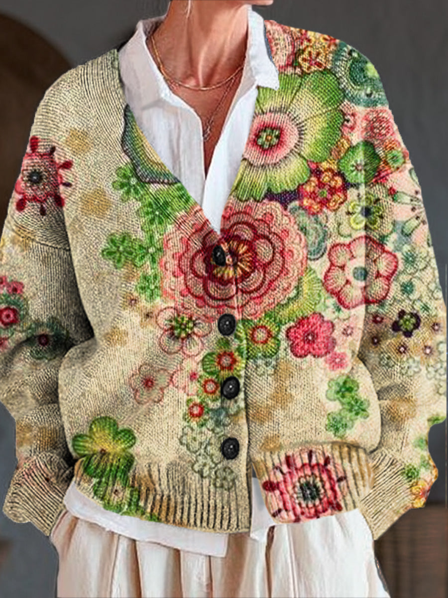 beautiful-ethnic-floral-painting-art-print-buttoned-v-neck-cardigan-sweater-dm81