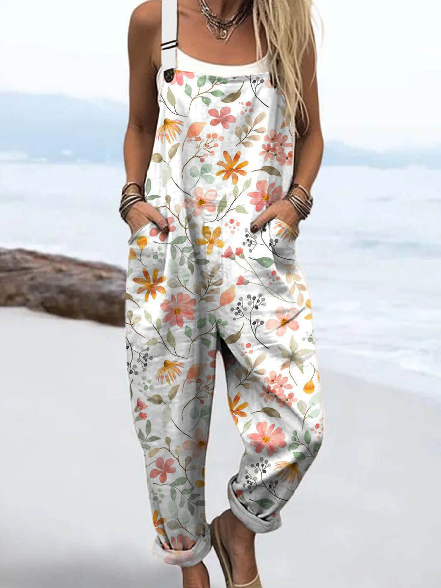 Women's Lovely Floral Pattern Art Print Casual 100% Cotton Wide Leg Jumpsuit