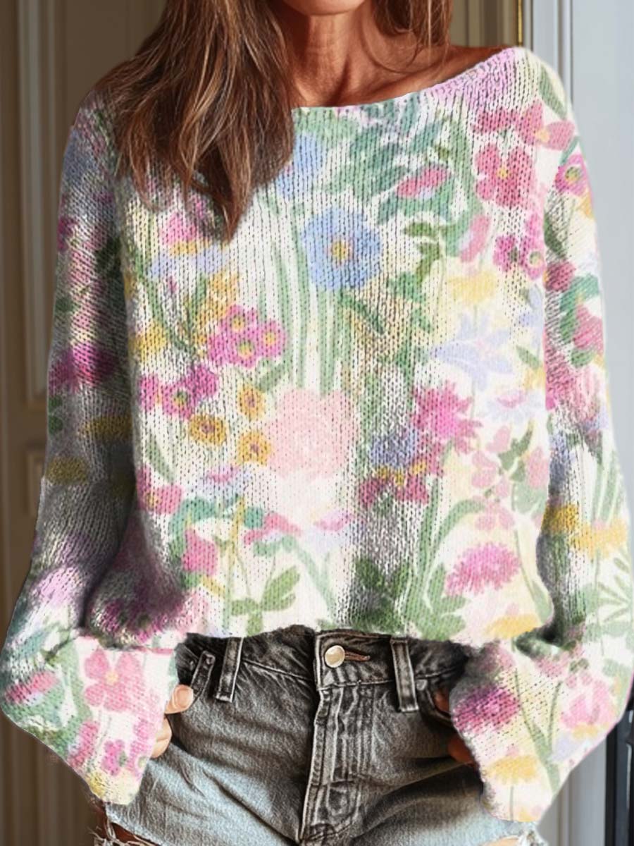 womens-retro-watercolor-art-flowers-casual-pullover-sweater