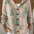 Women's Vintage Winter Christmas Tree Painting Art Print Casual Hooded Button Sweater