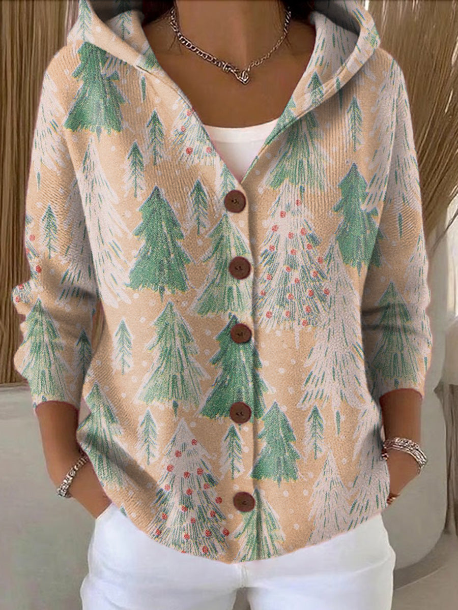 Women's Vintage Winter Christmas Tree Painting Art Print Casual Hooded Button Sweater