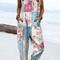 Women's Vintage Abstract Mosaic Flowers Art Print Casual 100% Cotton Wide Leg Jumpsuit