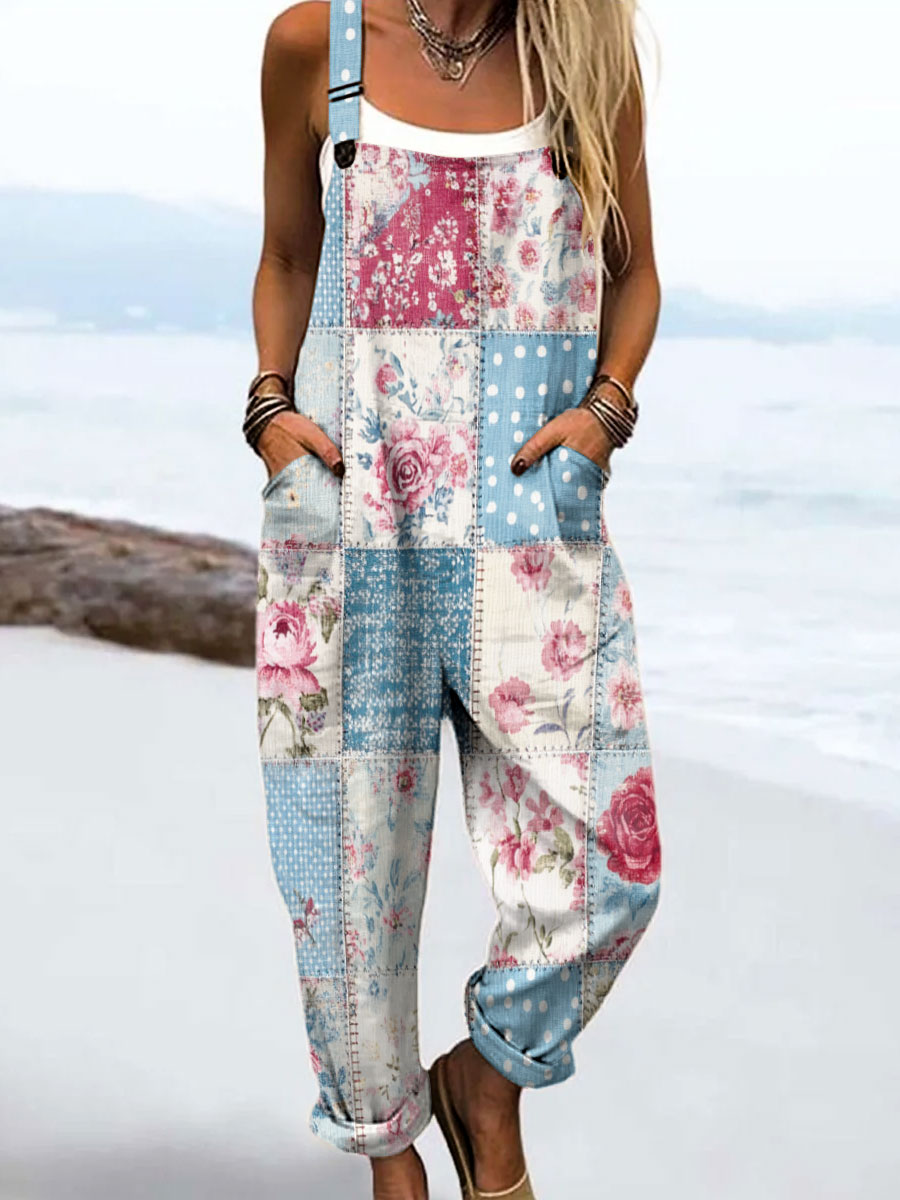 Women's Vintage Abstract Mosaic Flowers Art Print Casual 100% Cotton Wide Leg Jumpsuit