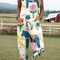 Women's Cute Floral Horse Painting Art Print Casual 100% Cotton Wide Leg Jumpsuit