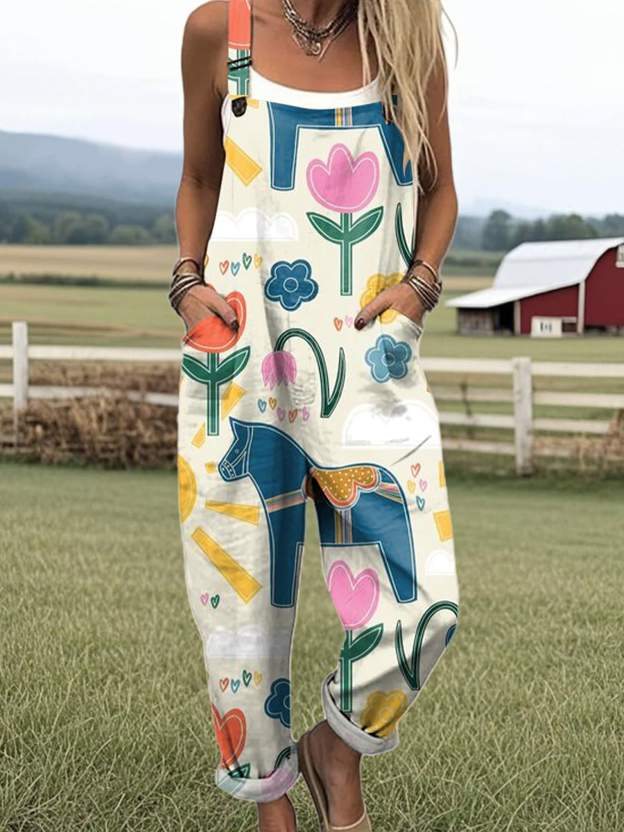 Women's Cute Floral Horse Painting Art Print Casual 100% Cotton Wide Leg Jumpsuit