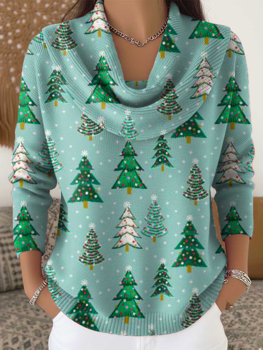 Women's Christmas Tree Pattern Art Print Cowl Neck Sweater