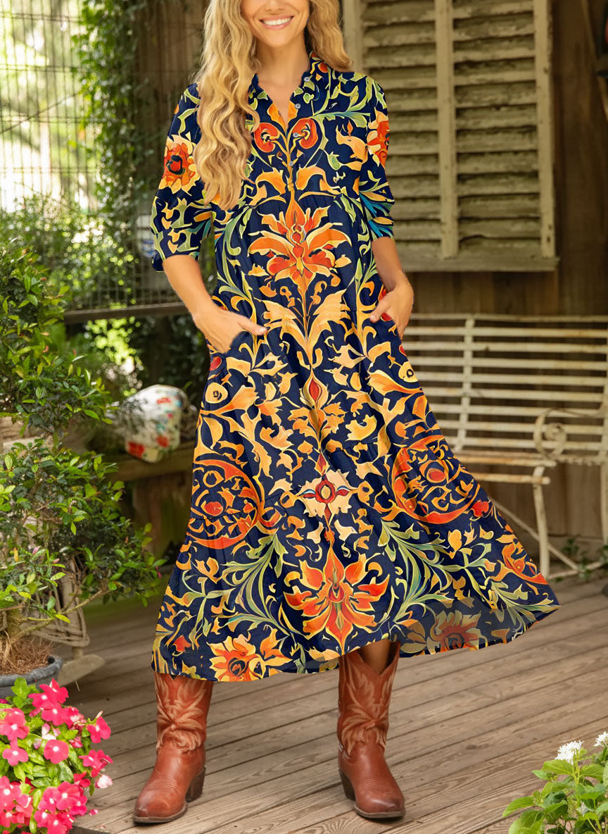 Women's Vintage Flower Art Print Casual Dress