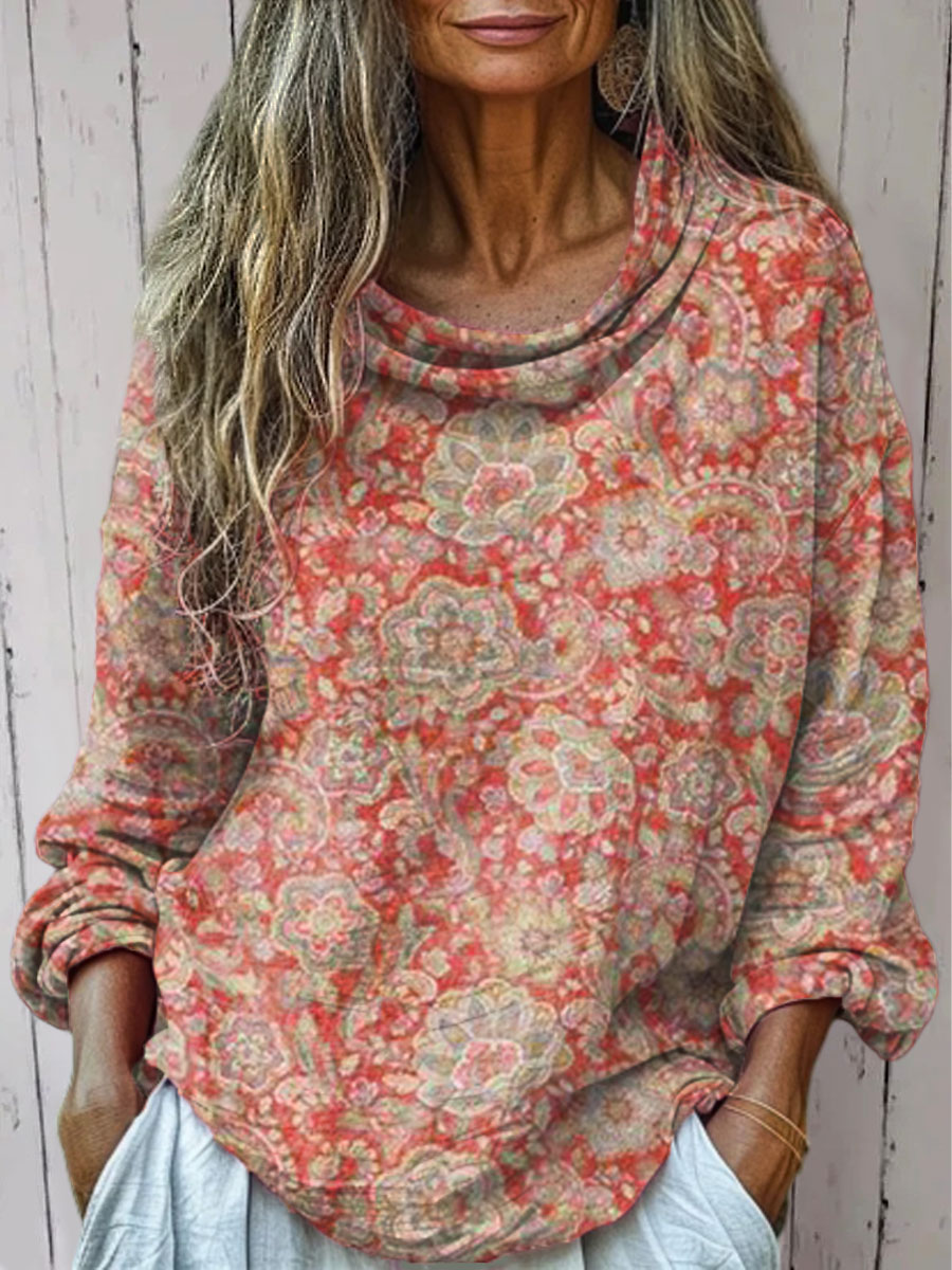 Women's  Vintage Flower Art Print Casual Long Sleeve Comfortable Cotton Shirt