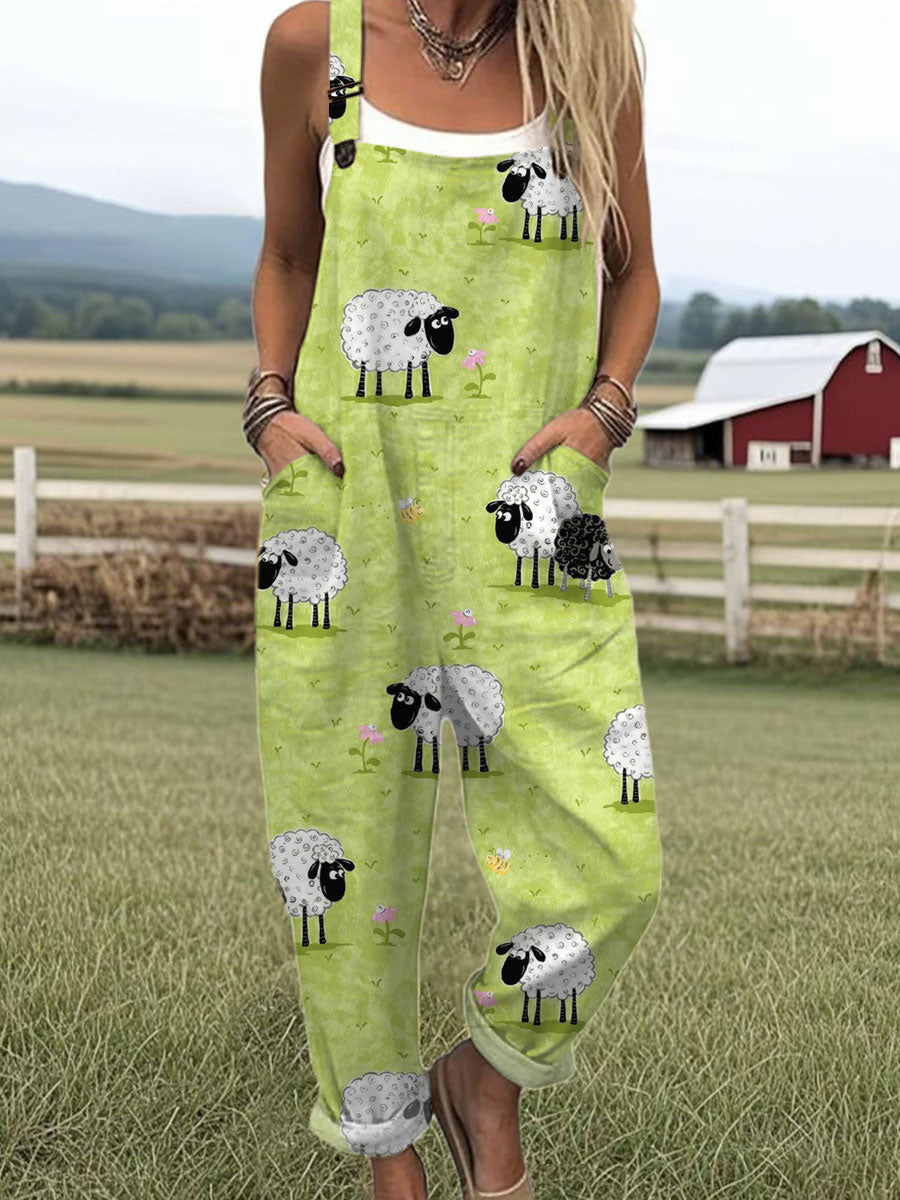 Women's  Funny Sheep Art Print Casual 100% Cotton Wide Leg Jumpsuit