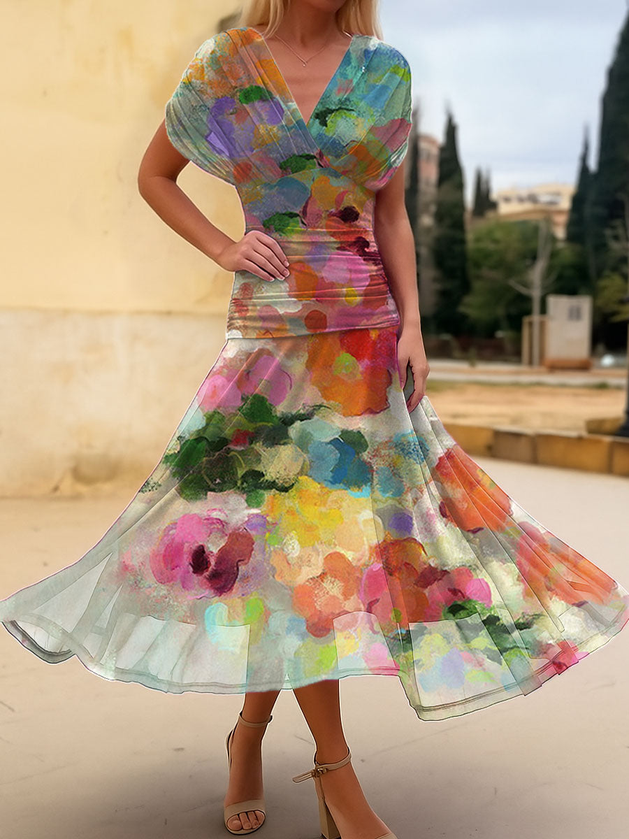 Women's Vintage Flower Art Print Flowy Casual Dress