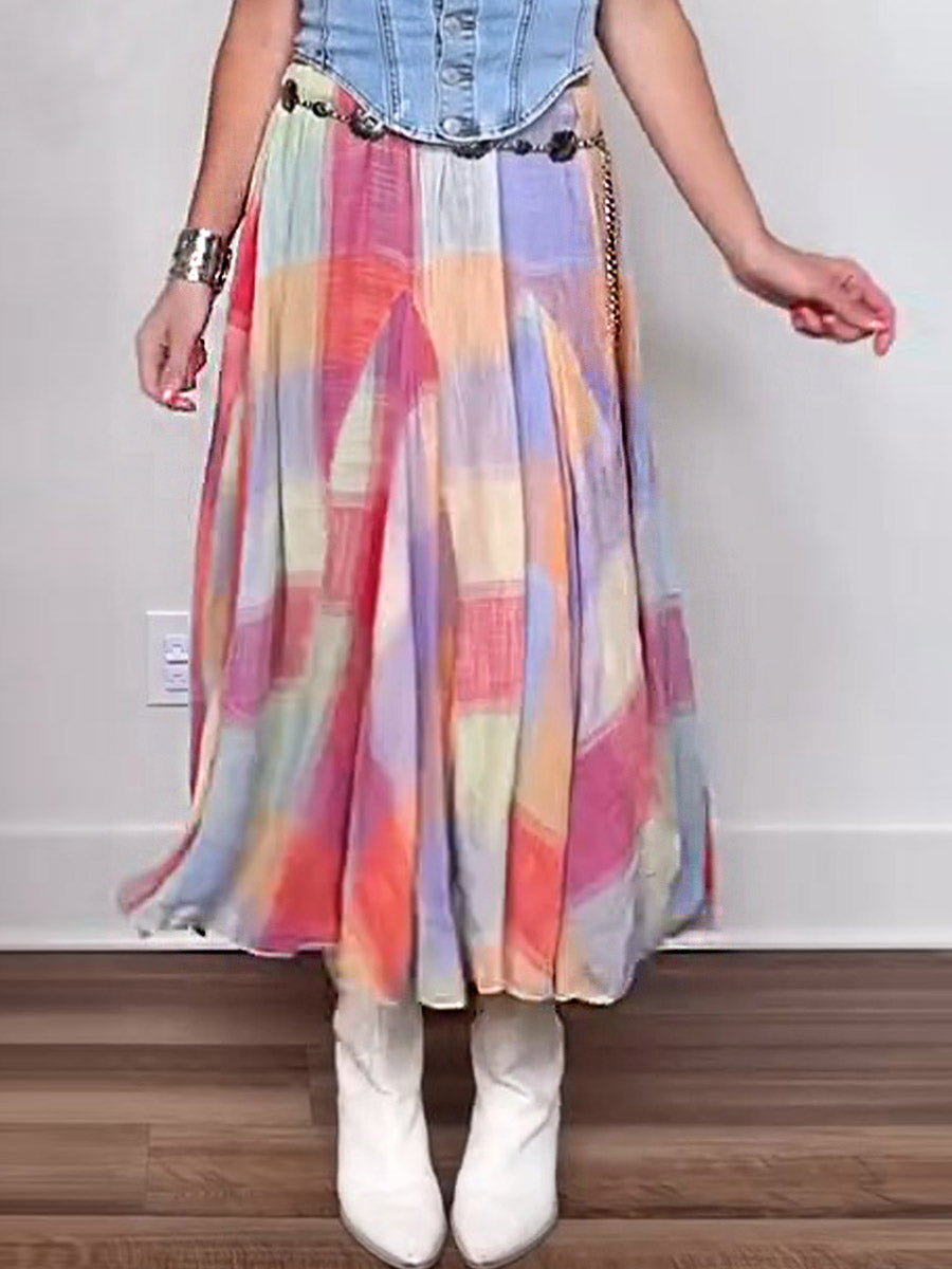 Women's Elastic Waist Colorful Plaid Print Casual Cotton and Linen Skirt
