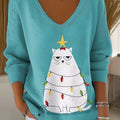 Women's Christmas Tree Cat Pattern Print Casual Pullover Sweater