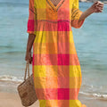 Bohemian-style Color-block Plaid Art Print Cotton-linen Dress