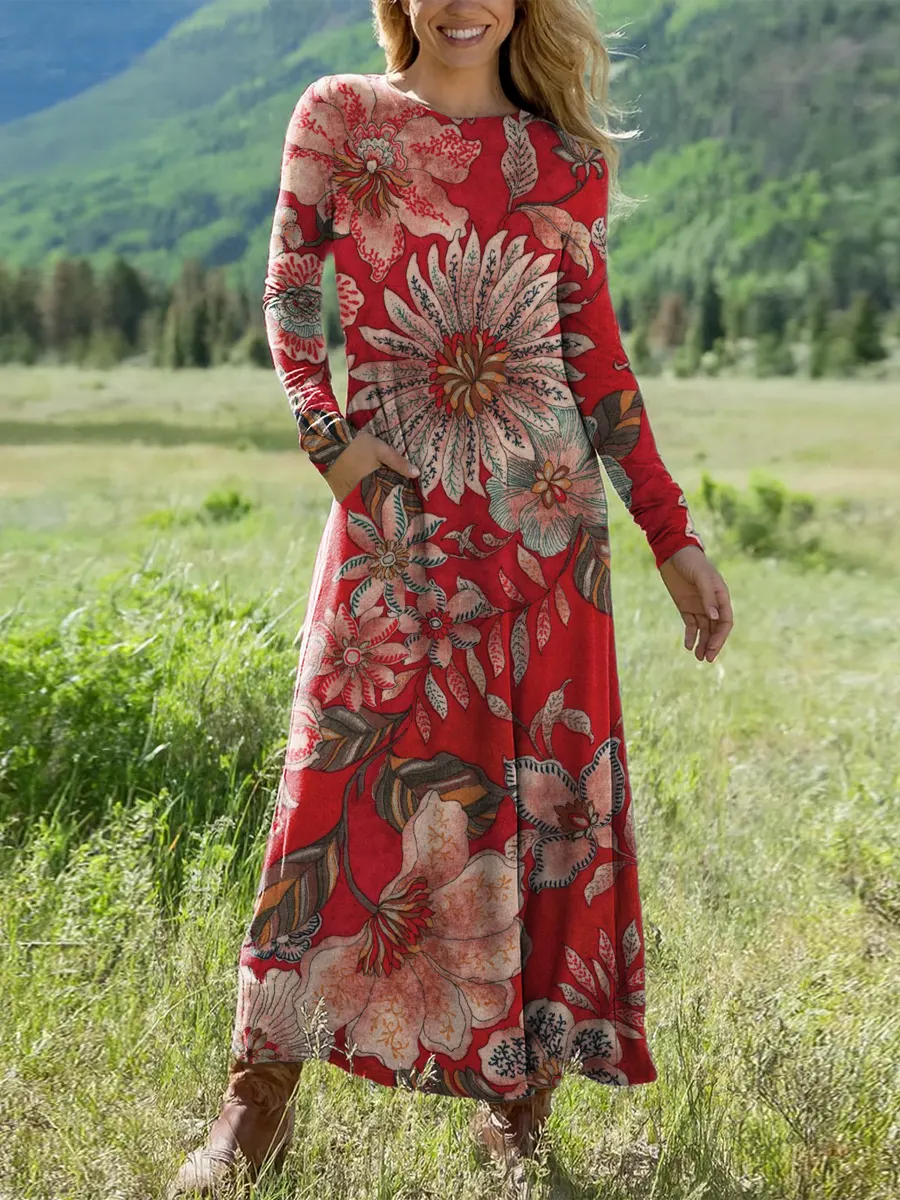 Women's Vintage Floral Art Print Casual Cotton Dress