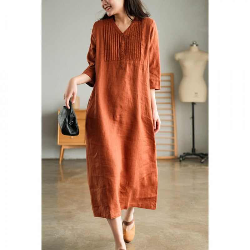 Summer Cotton Linen Midi Dress ¨C Stylish, Youthful, Casual V-Neck Pleated Long Dress, Lightweight & Over-the-Knee