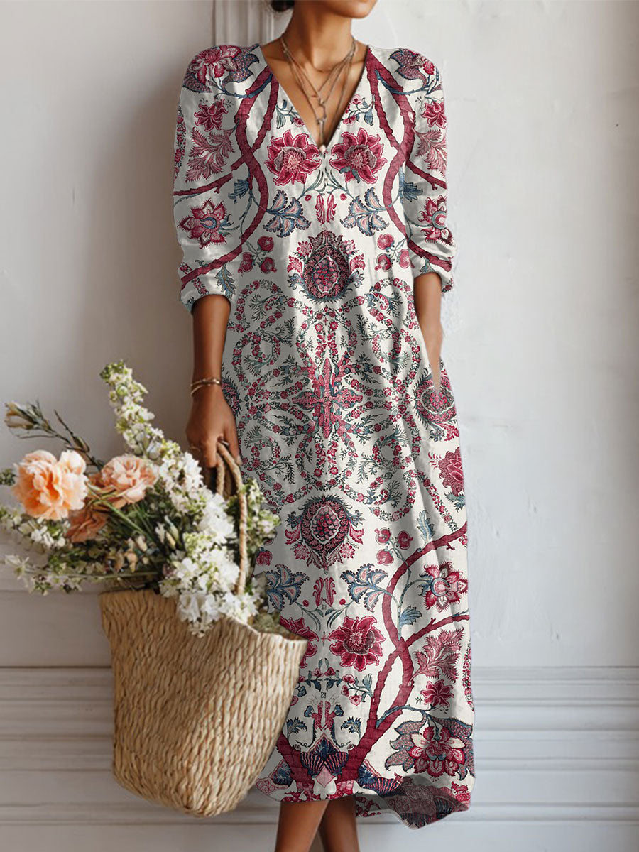 Women's Vintage Flower Art Print Linen Pocket Dress