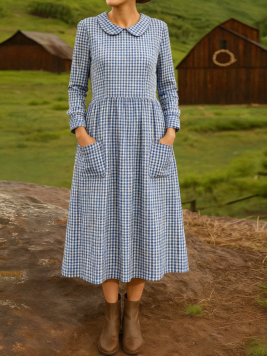 Women's Vintage  Plaid  Art Print Cotton Lapel Button-Down Shirt Dress