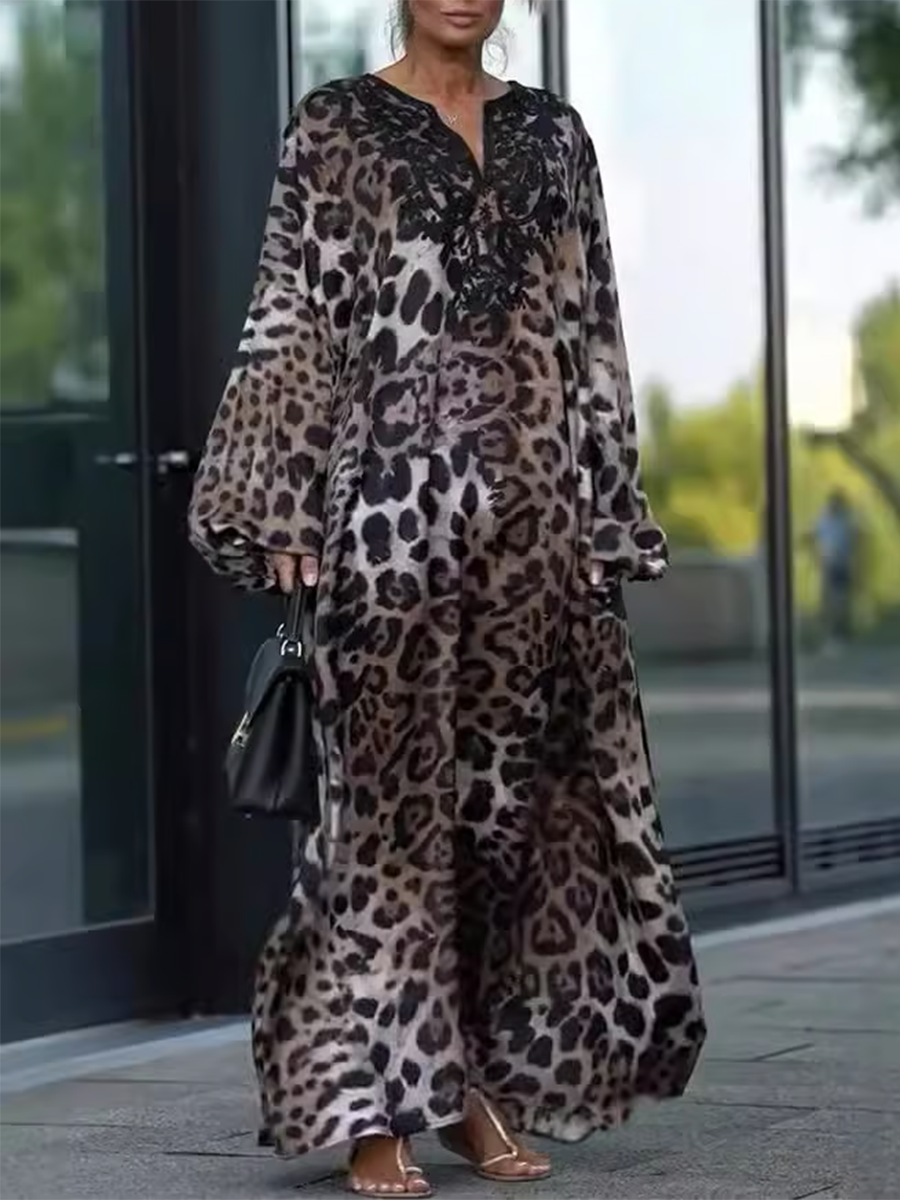 Women's Loose Lace Leopard Print MAXI Dress