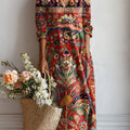 Women's Ethnic Vintage Floral Painting Art Print Linen Pocket Dress