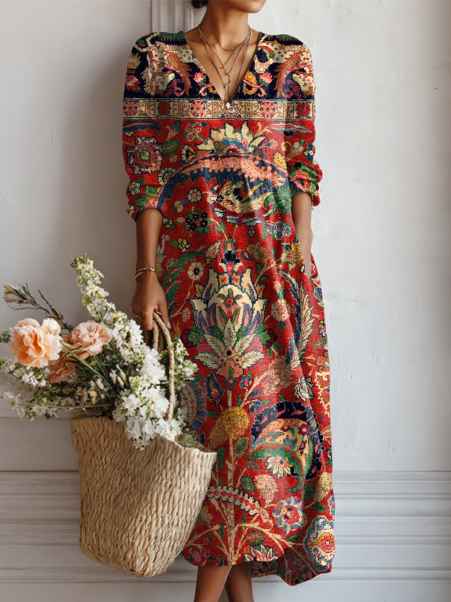 Women's Ethnic Vintage Floral Painting Art Print Linen Pocket Dress