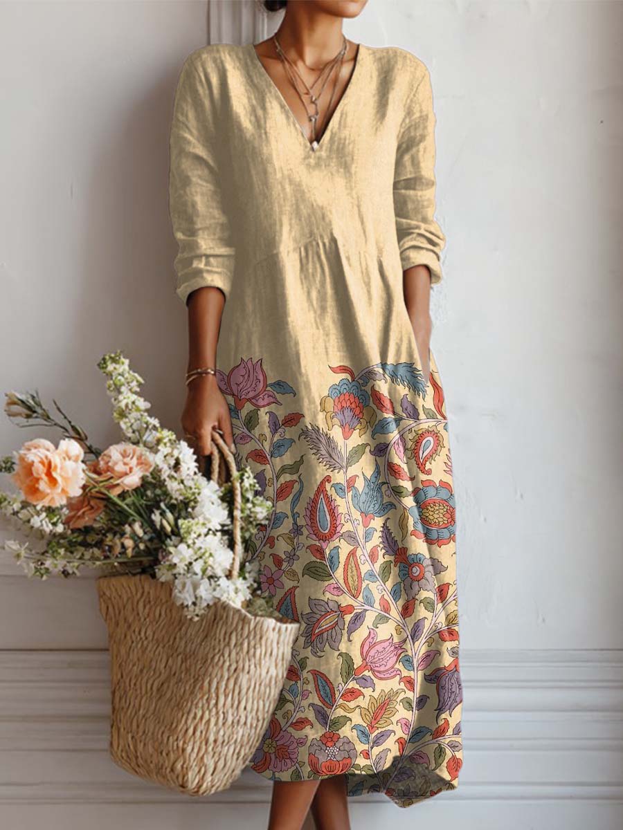 Women's Vintage Floral Art Print Cotton And Linen Pocket Dress