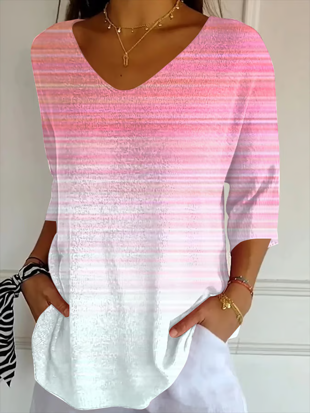 Casual Abstract Stripes V Neck Three Quarter Sleeve T-shirt