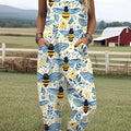 Damen-Jumpsuit mit Vintage-Bienen- und Blumenmuster, lässig, aus 100 % Baumwolle, mit weitem Bein 