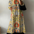 Women's Vintage Floral Art Print Pocket V-neck Cotton Dress