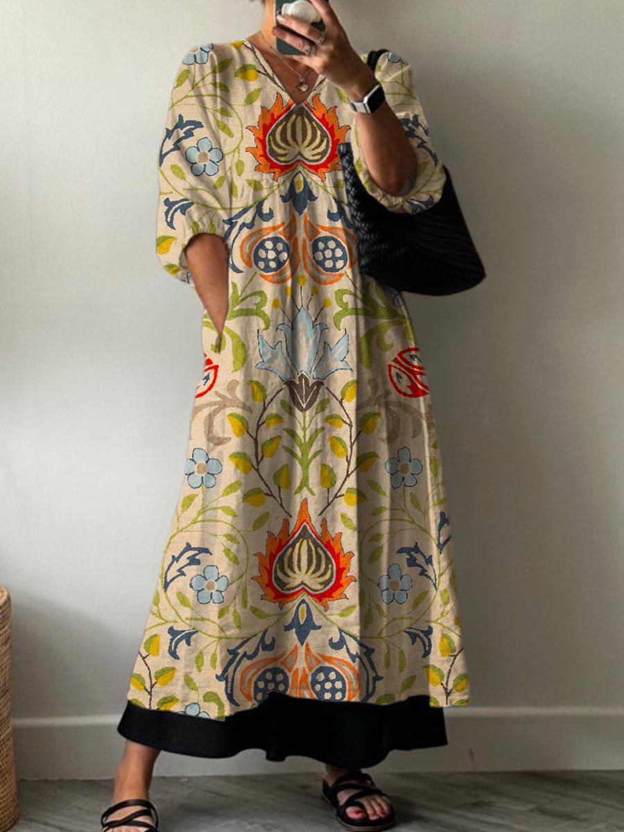 Women's Vintage Floral Art Print Pocket V-neck Cotton Dress