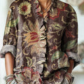 Women's Vintage Ethnic Floral Painting Art Print Casual Cotton And Linen Ruffle Shirt