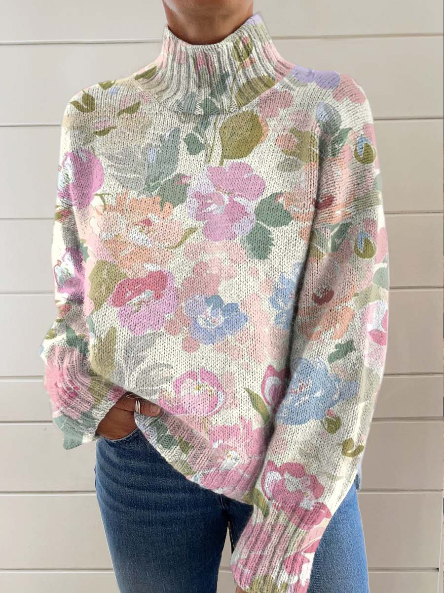 womens-colourful-art-flowers-print-knit-turtleneck-pullover-sweater