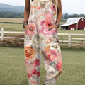 Women's  Vintage Flower Art Print Casual 100% Cotton Wide Leg Jumpsuit