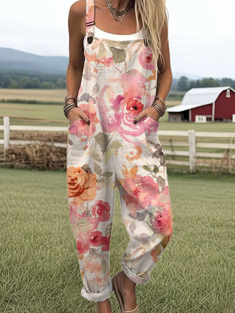 Women's  Vintage Flower Art Print Casual 100% Cotton Wide Leg Jumpsuit