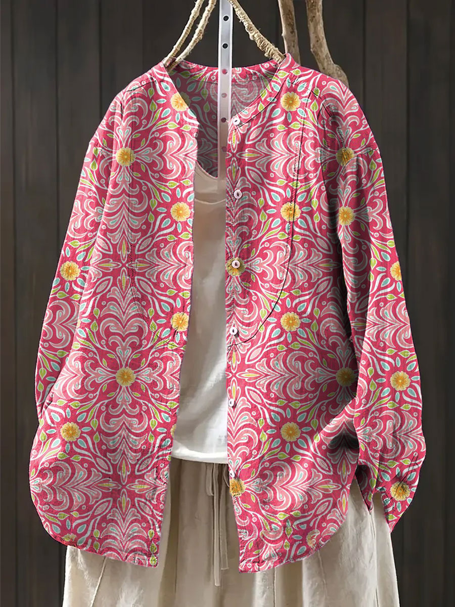 Women's Vintage Flower Art Print Casual Cotton And Linen Shirt