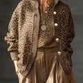 Women's Leopard Print Stand Collar Long Sleeve Casual Loose Knit Cardigan