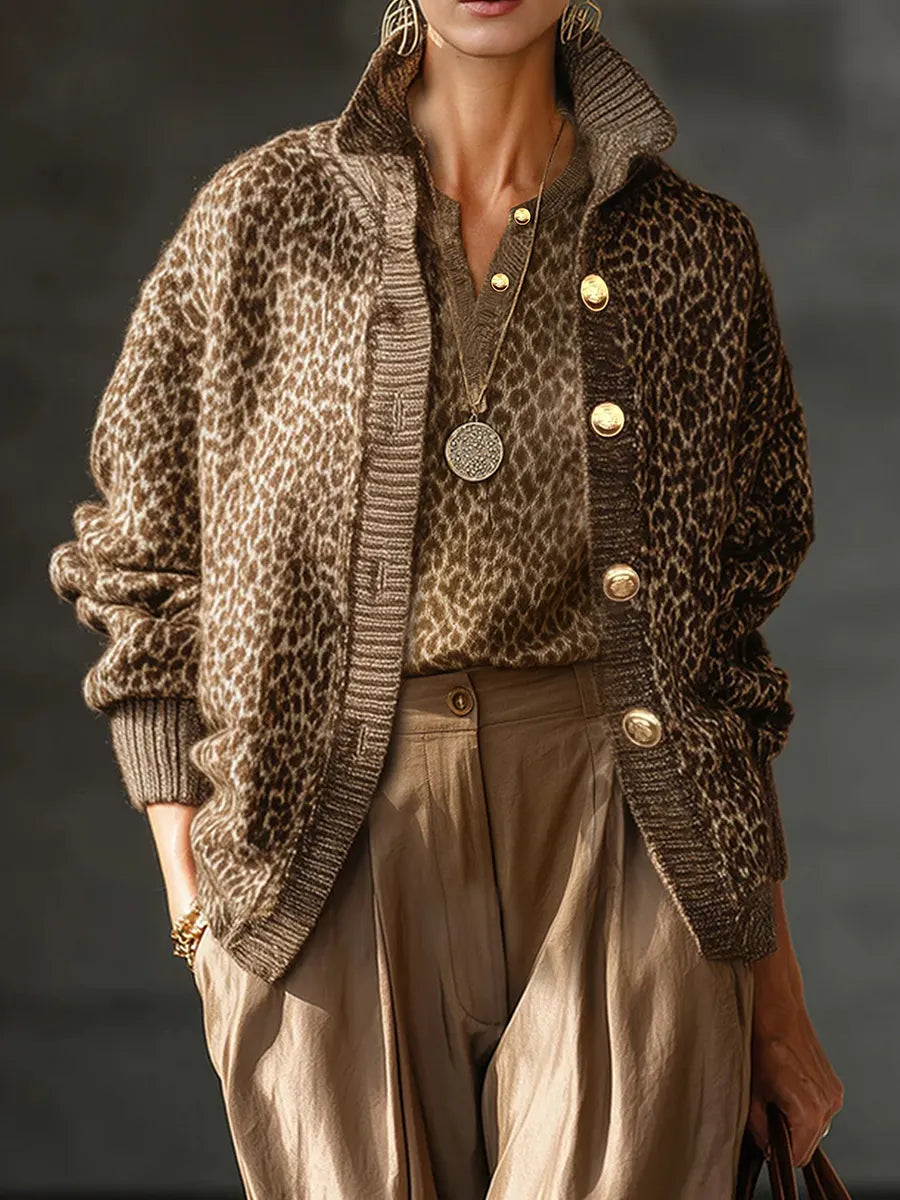 Women's Leopard Print Stand Collar Long Sleeve Casual Loose Knit Cardigan